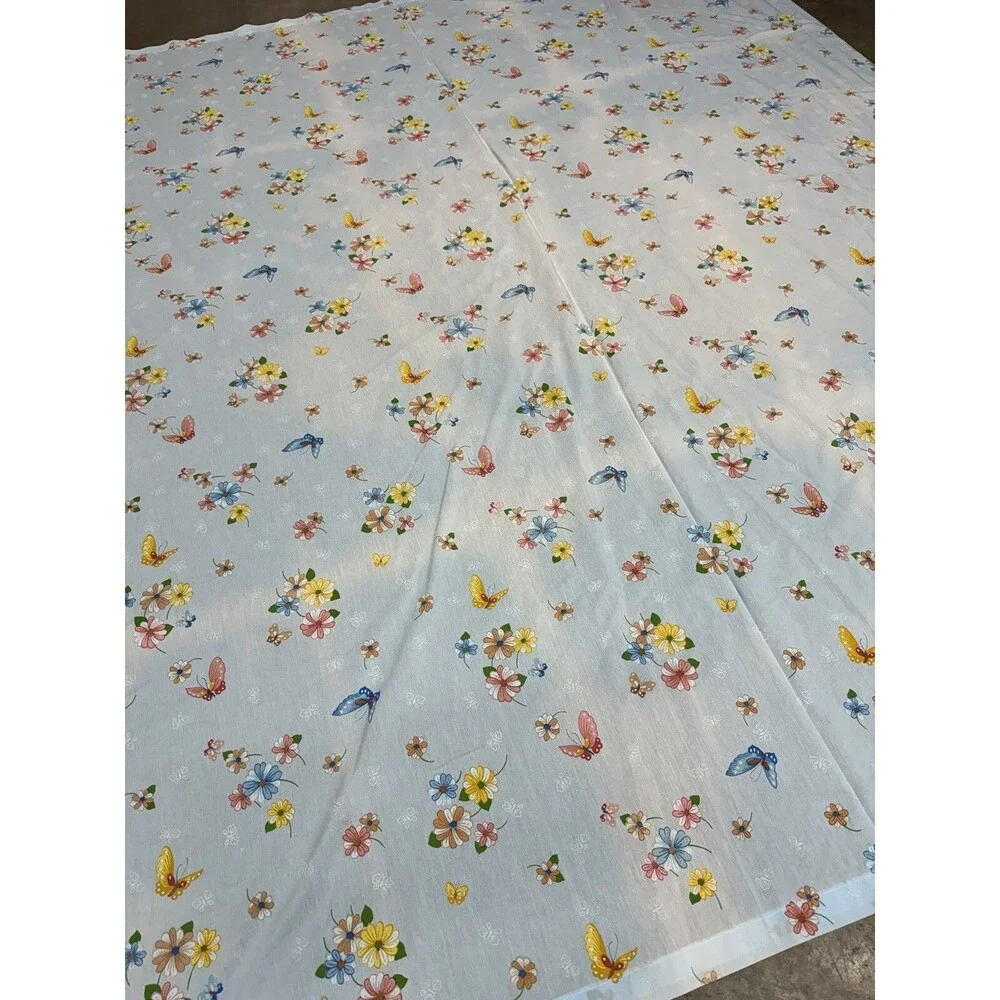 Vintage Thomaston No Iron FULL Flat Sheet Blue with Flowers and Butterflies READ